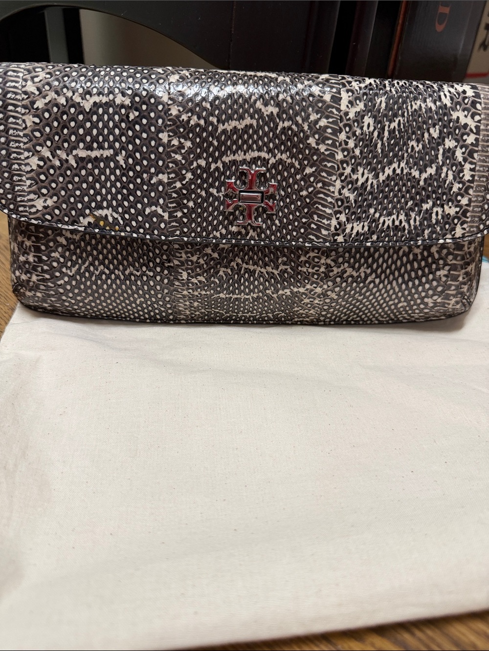 Tory Burch Black & White Snake skin Leather Clutch